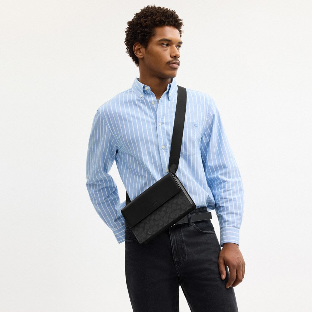 COACH®,Turner Flap Crossbody Bag In Signature Canvas,Leather,Canvas,Calfskin Leather,Crossbody,Logo,Multi Color,Detail View