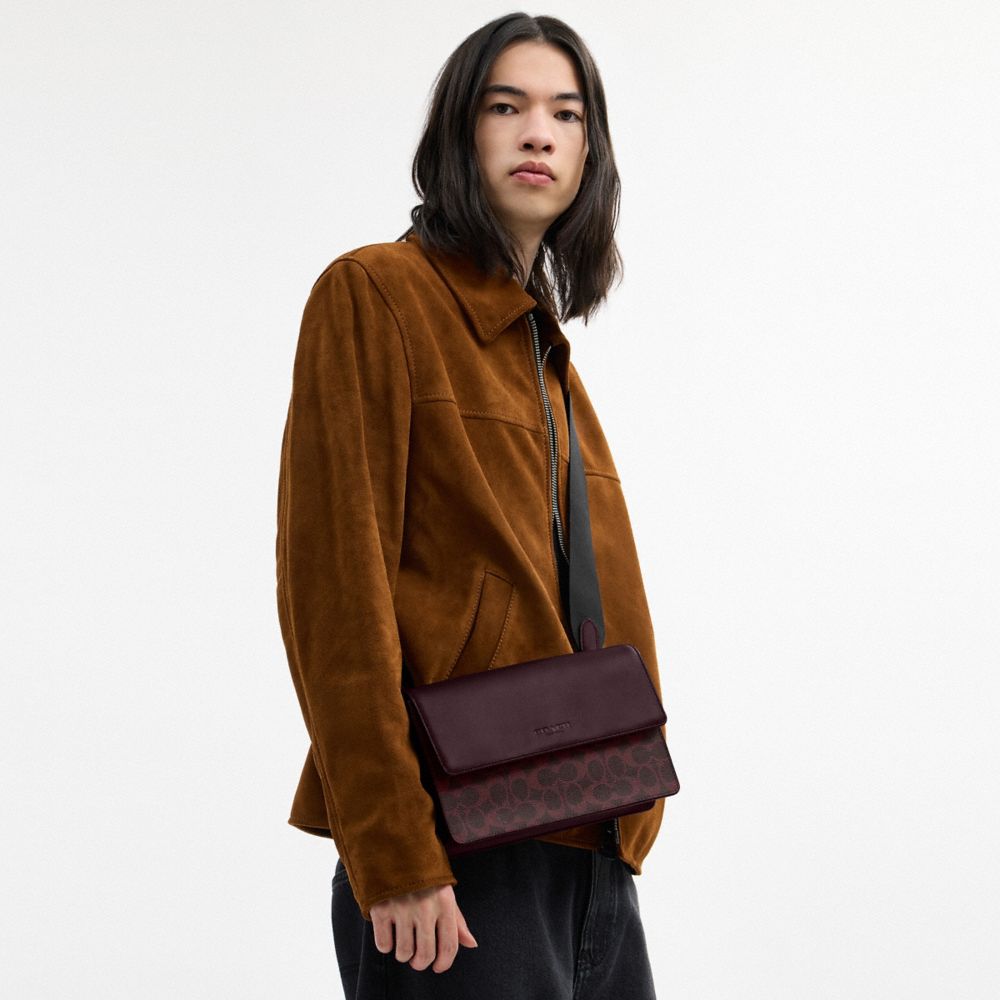 COACH®,Turner Flap Crossbody Bag In Signature Canvas,Leather,Canvas,Calfskin Leather,Crossbody,Logo,Purple,Detail View