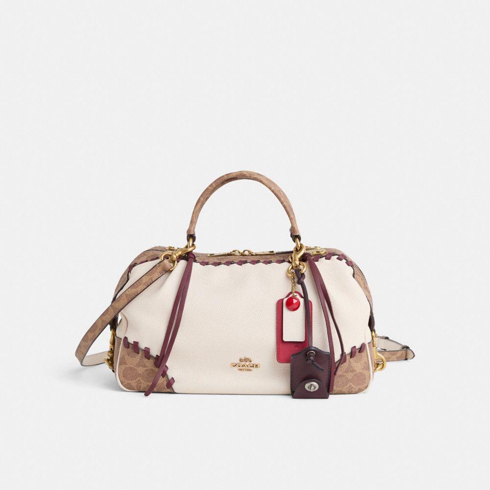 COACH®,Upcrafted Lane Satchel With Signature Canvas Blocking,Leather,Satchel,Whipstitch,Metal,Color Block,Brass,Day Party,Cream,Front View