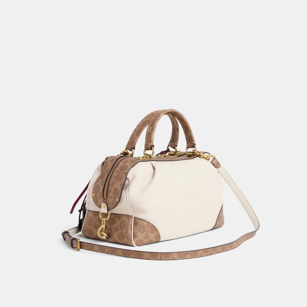 COACH®,Upcrafted Lane Satchel With Signature Canvas Blocking,Leather,Satchel,Whipstitch,Metal,Color Block,Brass,Day Party,Cream,Angle View