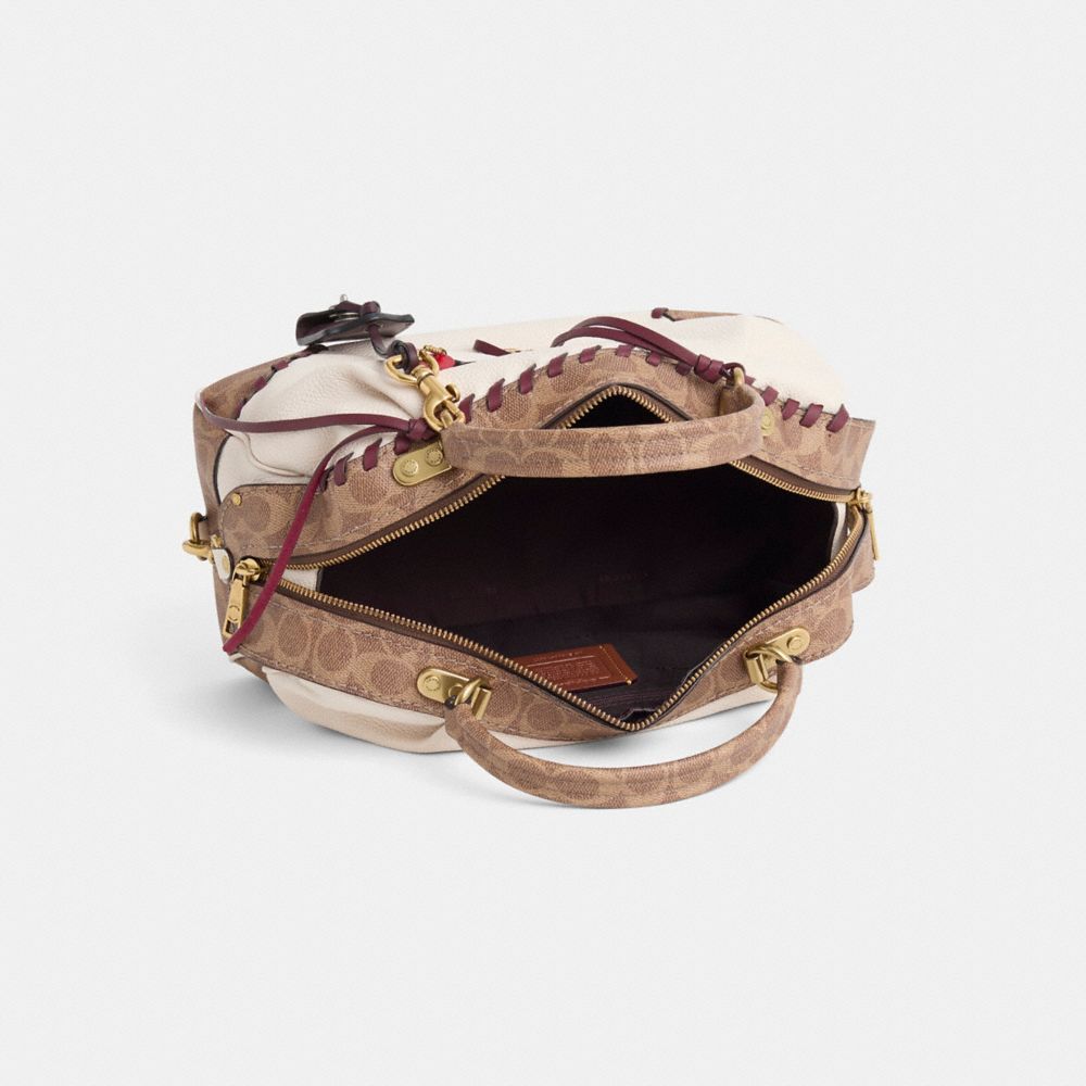 COACH®,Upcrafted Lane Satchel With Signature Canvas Blocking,Leather,Satchel,Whipstitch,Metal,Color Block,Brass,Day Party,Cream,Inside View,Top View