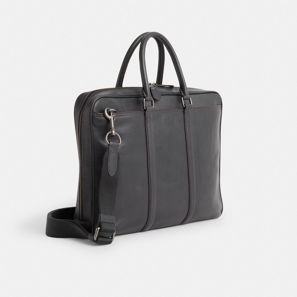 COACH®,Upcrafted Metropolitan Slim Brief,Leather,Briefcase,Whipstitch,Adjustable,Durable Fabric,Color Metal,Work,Black,Angle View