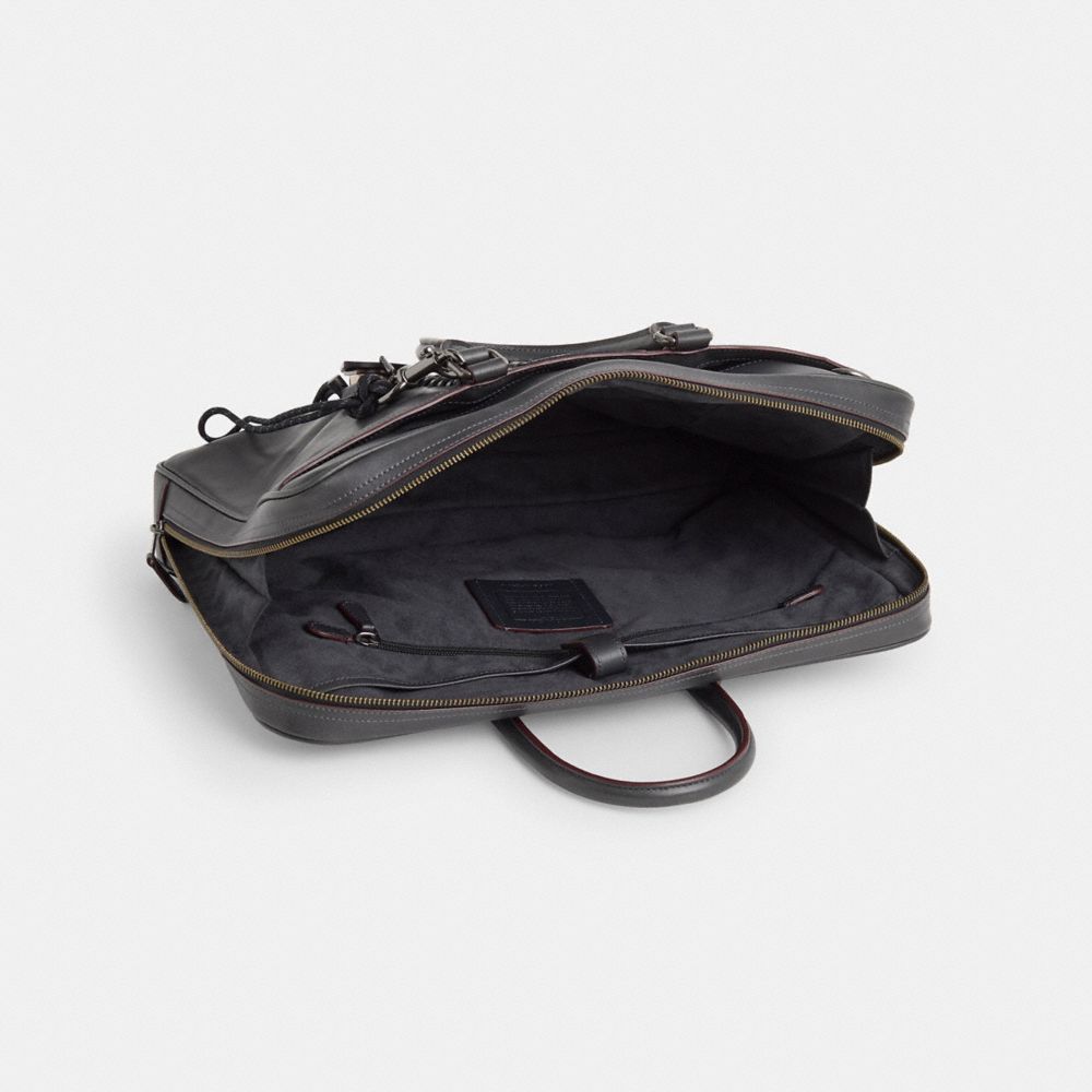 COACH®,Upcrafted Metropolitan Slim Brief,Leather,Briefcase,Whipstitch,Adjustable,Durable Fabric,Color Metal,Work,Black,Inside View,Top View