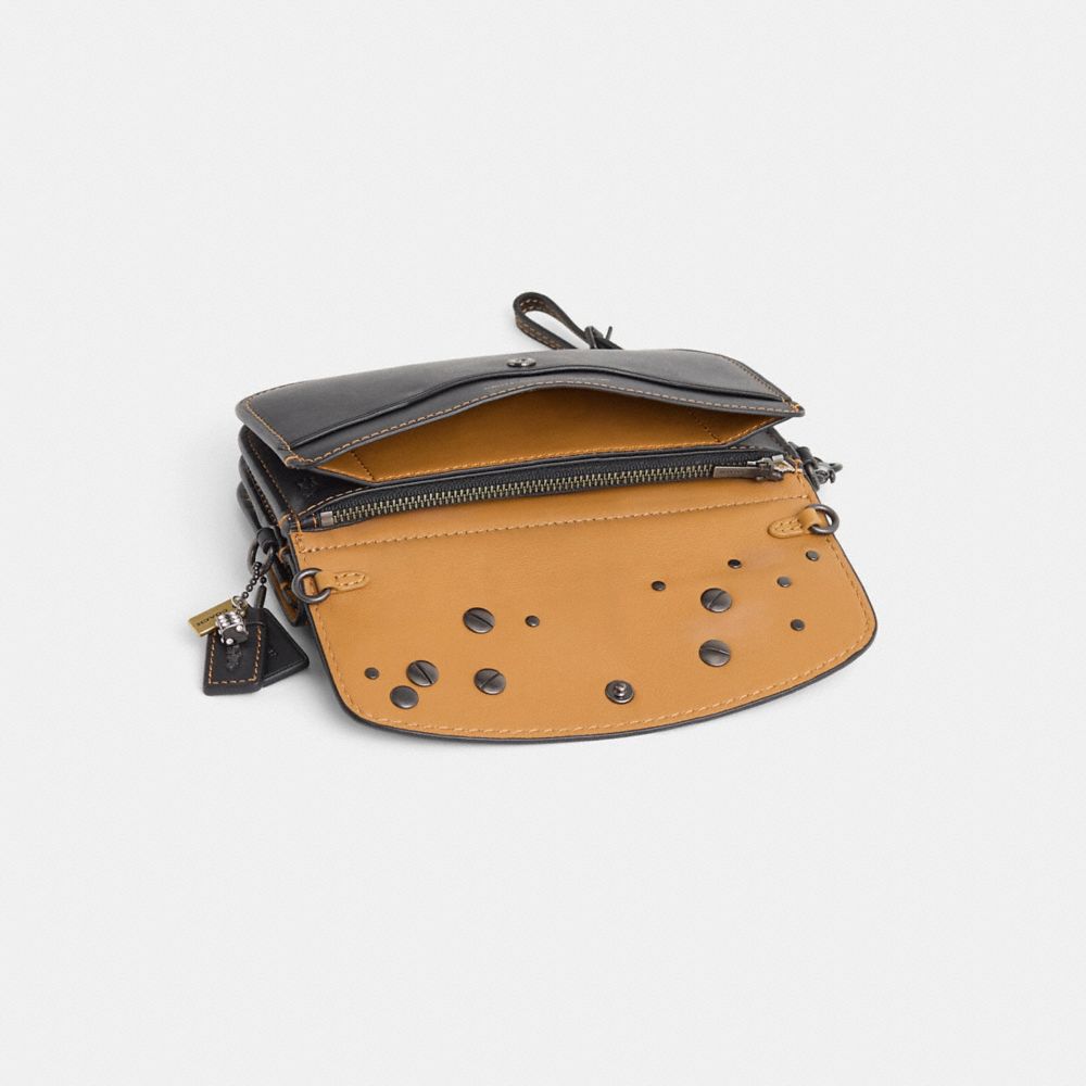 COACH®,Upcrafted Double-Up Creation,Crossbody,Metal,3D Embellishment,Studded,Logo,Adjustable,Gold Plated,Day Party,Black,Inside View,Top View