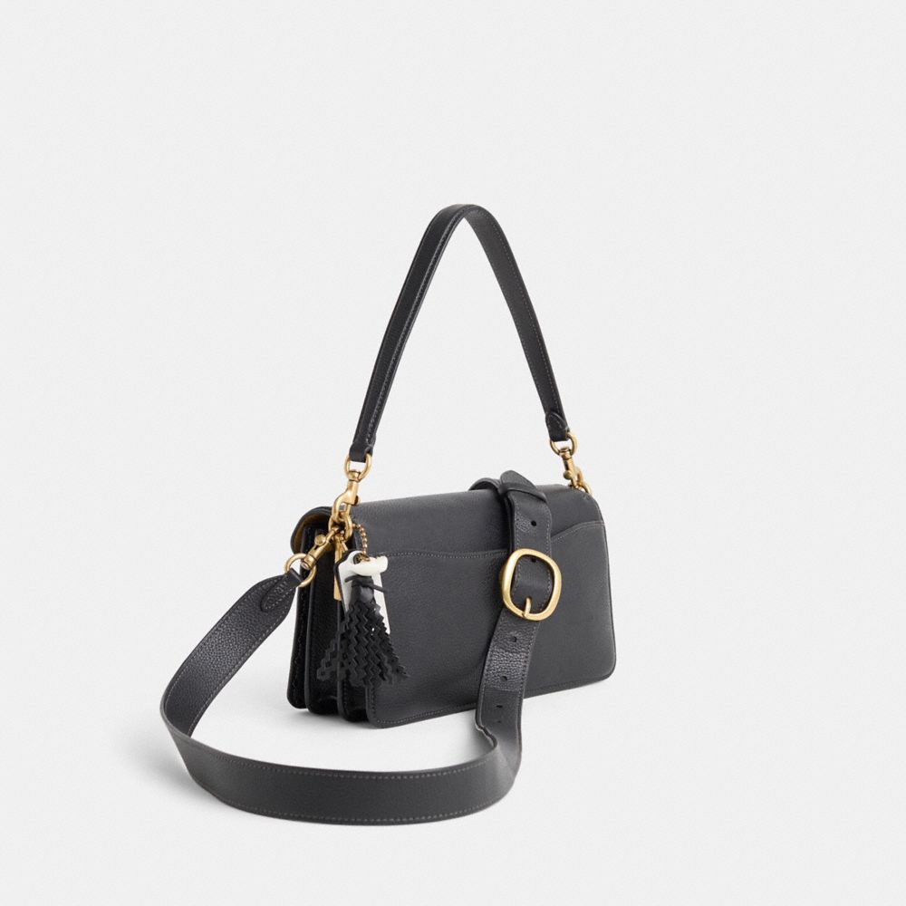COACH®,Upcrafted Tabby Shoulder Bag 26,Leather,Shoulder Bag,Mixed Media,Studded,Tassel,Logo,Metal,Adjustable,Gold Metal,Da...,Black,Angle View