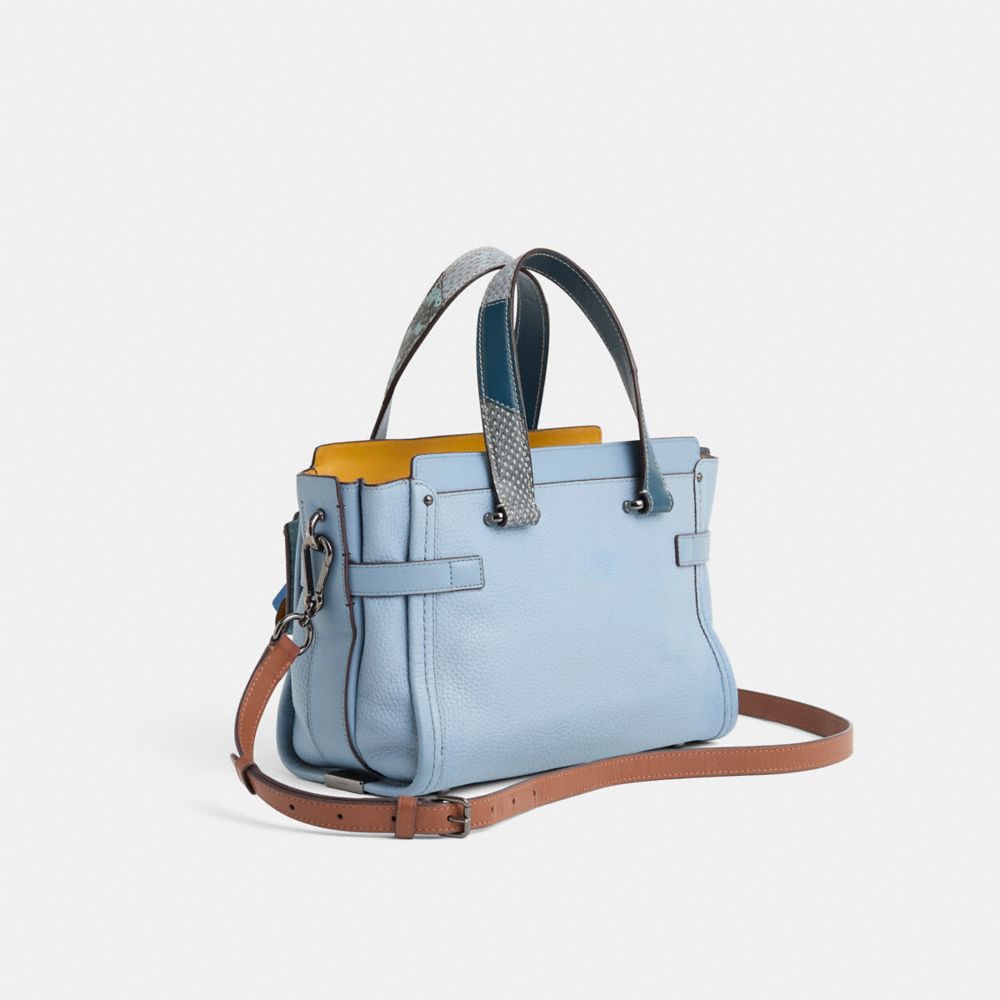 COACH®,Upcrafted Coach Swagger 27 In Colorblock,Snakeskin,Leather,Satchel,3D Embellishment,Logo,Metal,Pattern,Tassel,Gunme...,Blue,Angle View