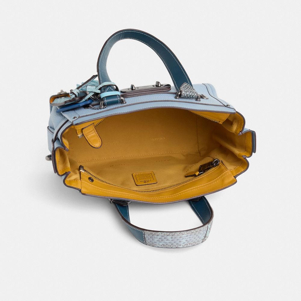 COACH®,Upcrafted Coach Swagger 27 In Colorblock,Snakeskin,Leather,Satchel,3D Embellishment,Logo,Metal,Pattern,Tassel,Gunme...,Blue,Inside View,Top View