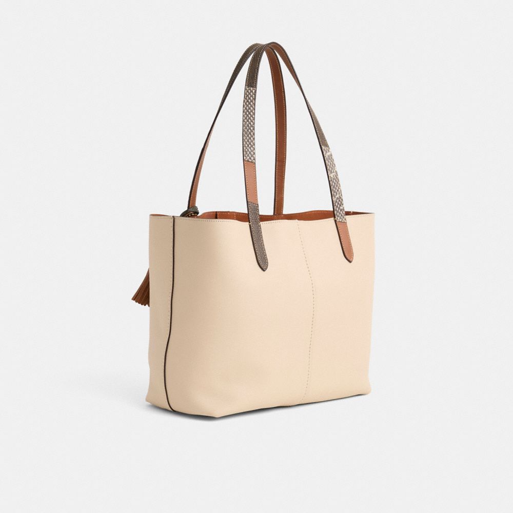 COACH®,Upcrafted North Tote Bag 32,Leather,Tote,Animal Skin Embossing,Logo,Metal,Pearl,Pattern,Tassel,Casual,Cream,Angle View