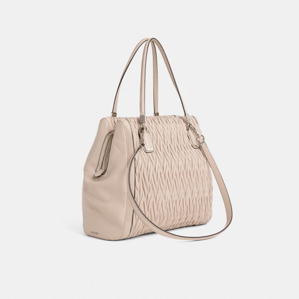 COACH®,Upcrafted Striped Satchel,Leather,Satchel,Metal,Studded,Logo,Adjustable,Silver Metal,Casual,Beige,Angle View