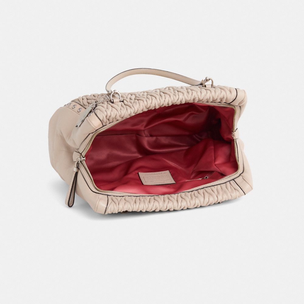 COACH®,Upcrafted Striped Satchel,Leather,Satchel,Metal,Studded,Logo,Adjustable,Silver Metal,Casual,Beige,Inside View,Top View