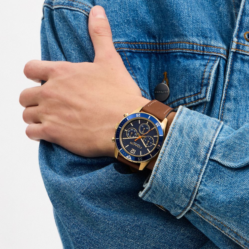 COACH®,Cole Chronograph Watch, 44 Mm,Analog,Mineral,Leather,Crystal,Logo,Stitching,Word Embellishment,Water Resistant,Busi...,Brown,Detail View