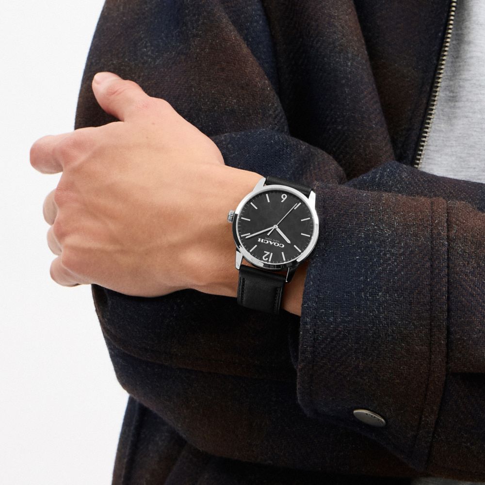 COACH®,Keane Watch, 39 Mm,Analog,Leather,Mineral,Stitching,Word Embellishment,Logo,Water Resistant,Stainless Steel,Work,Black,Detail View