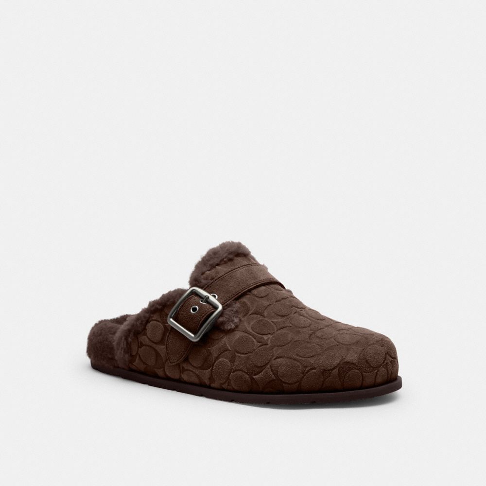 COACH®,Buckle Clog In Signature Suede,Rubber,Suede,Shearling,Clogs,Logo,Arch Support,Traction,Casual,Brown,Front View