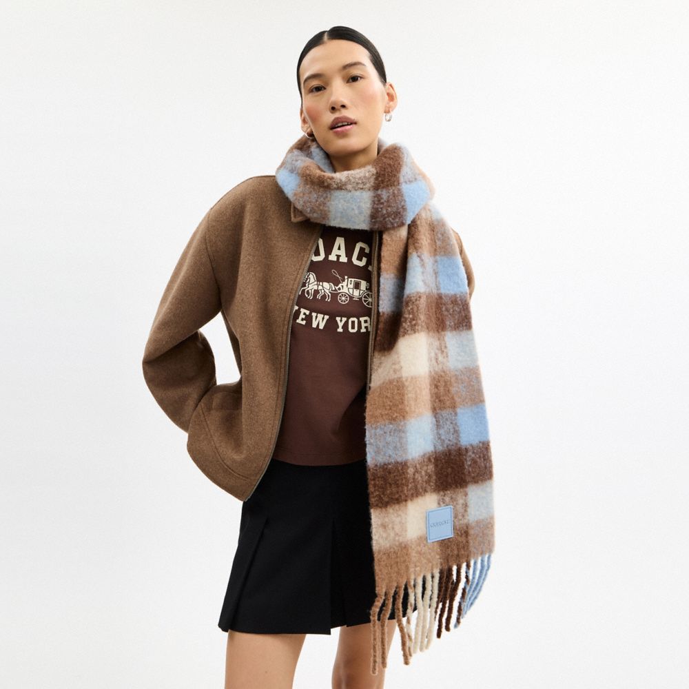 COACH®,オーバーサイズド プラッド マフラー・ラバー パッチ,ファッション雑貨,ﾃﾞｨｰﾌﾟ ﾌﾞﾙｰ ﾏﾙﾁ