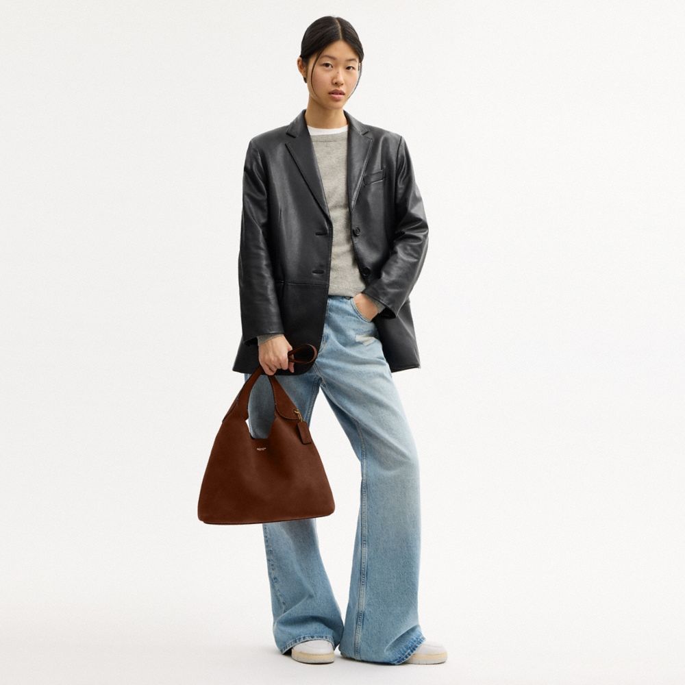 COACH®,Brooklyn Shoulder Bag 34,Suede,Hobo,Brass,Casual,Brown,Detail View