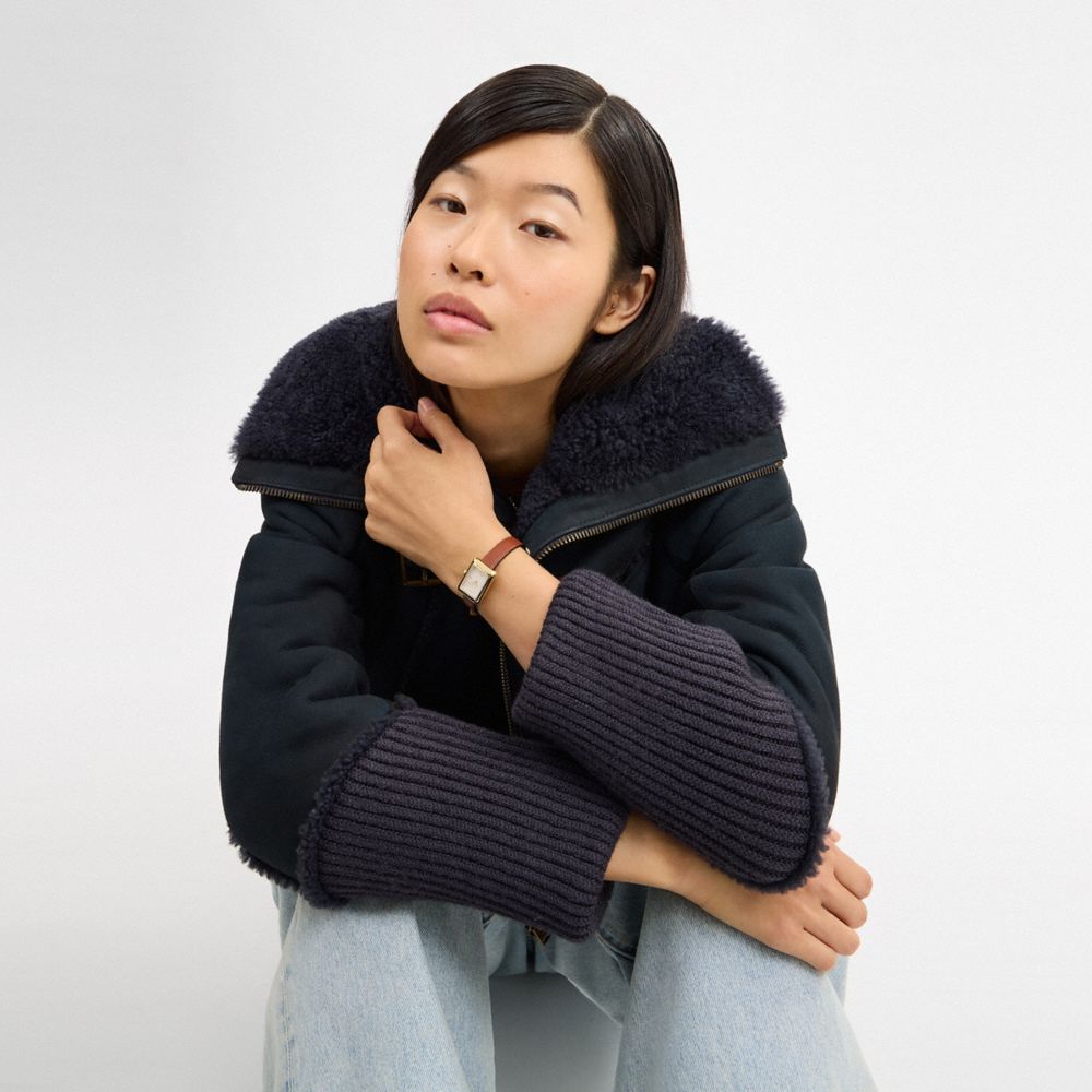 COACH®,Mara Watch, 19 Mm X 26 Mm,Analog,Crystal,Leather,Logo,Word Embellishment,Water Resistant,Gold Metal,Casual,Brown,White,Detail View