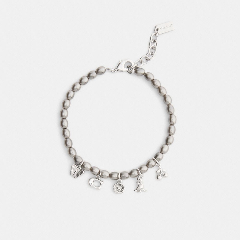 COACH®,Butterfly And Rexy Charm Pearl Bracelet,Gray,Inside View,Top View