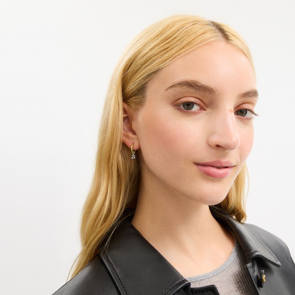 COACH®,Mini Tea Rose And Cherry Charm Hoop Earrings,Huggies,Hoops,Dangle Earring,Cubic Zirconia,Circle,Rhinestones,Etching...,,Detail View