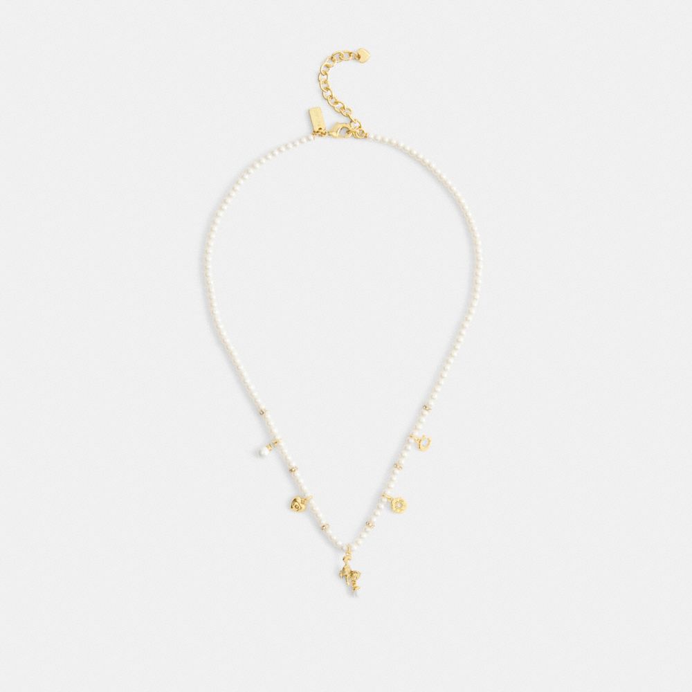 Coach Mini Cat Pearl Charms Necklace In Gold