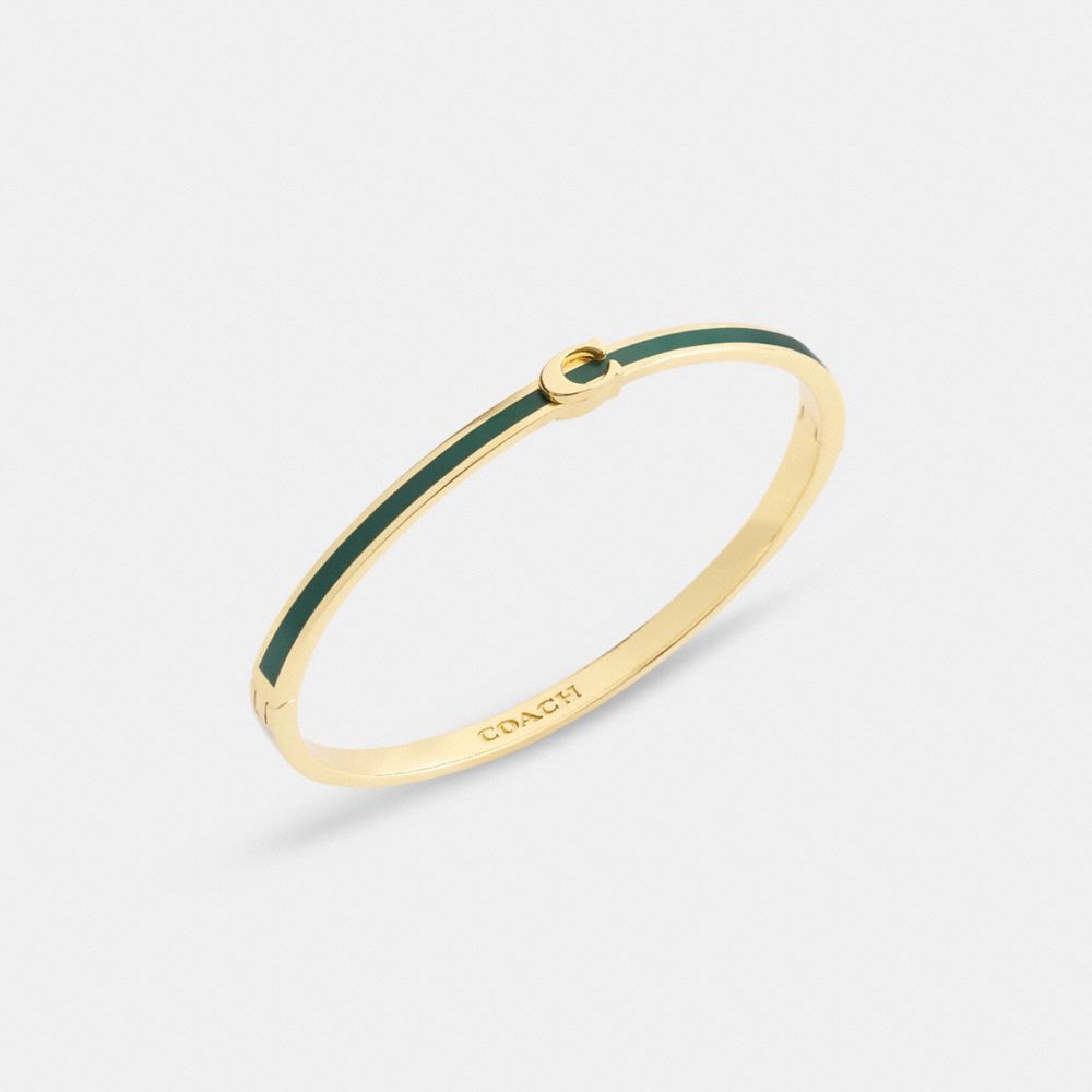 COACH®,Thin Enamel Signature Hinged Bangle,Cubic Zirconia,Enamel,Logo,Lettering Word,Initials Embellishment,Brass,Work,Casual,Green,Inside View,Top View
