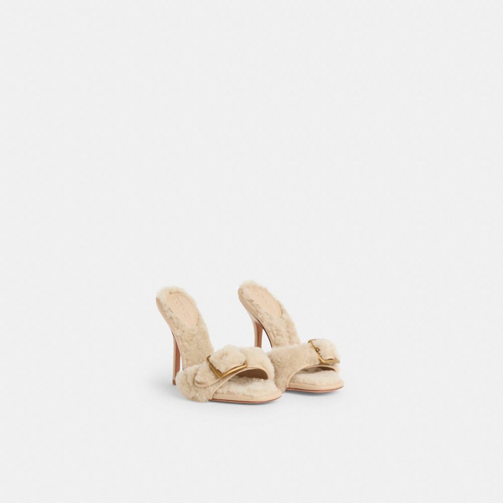 COACH®,Restored Shearling Buckle Mule,Beige,Angle View