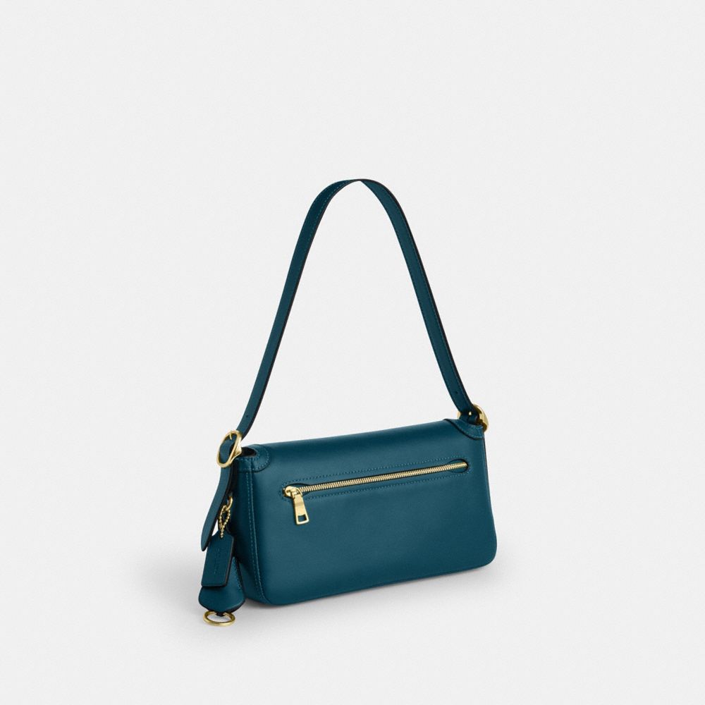 COACH®,Etta Small Flap Shoulder Bag,Fabric,Leather,Shoulder Bag,Metal,Logo,Compact,Lined,Adjustable,Gold Metal,Casual,Teal,Angle View