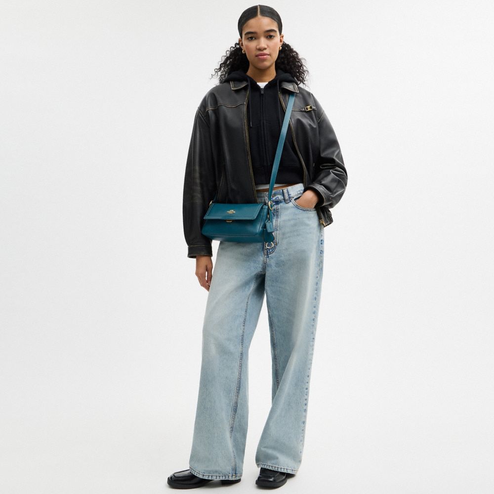 COACH®,Etta Small Flap Shoulder Bag,Fabric,Leather,Shoulder Bag,Metal,Logo,Compact,Lined,Adjustable,Gold Metal,Casual,Teal,Detail View