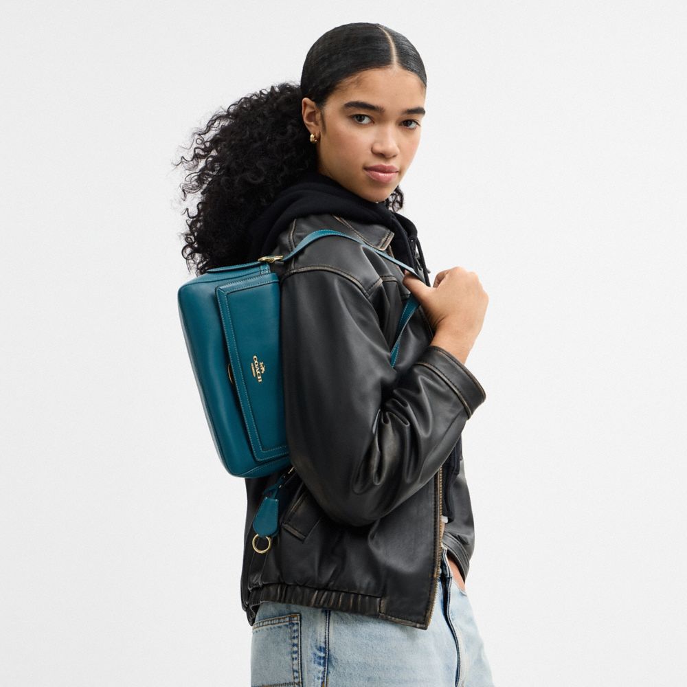 COACH®,Etta Small Flap Shoulder Bag,Fabric,Leather,Shoulder Bag,Metal,Logo,Compact,Lined,Adjustable,Gold Metal,Casual,Teal,Detail View