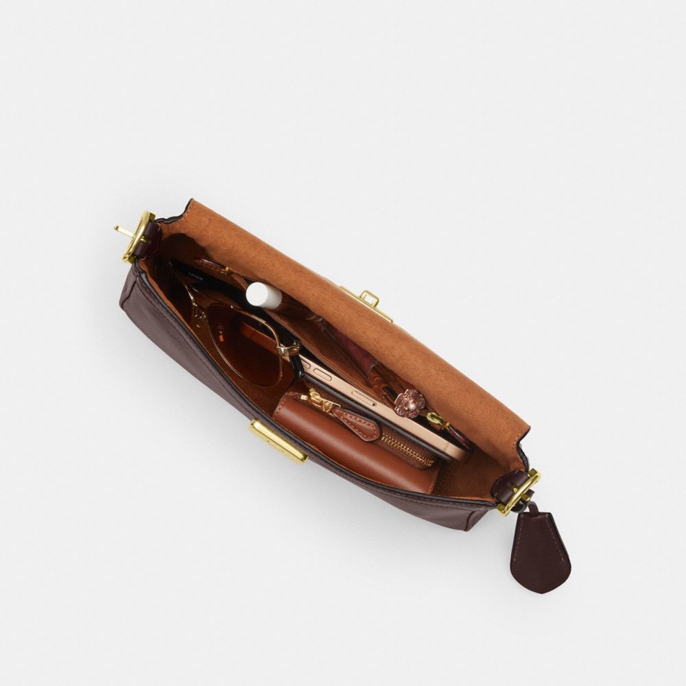 COACH®,Etta Small Flap Shoulder Bag,Fabric,Leather,Shoulder Bag,Metal,Logo,Compact,Adjustable,Lined,Gold Metal,Casual,Brown,Inside View,Top View