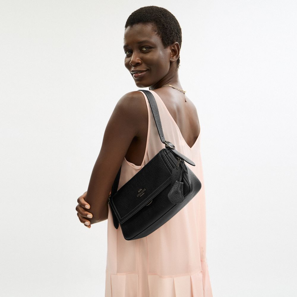 COACH®,Etta Small Flap Shoulder Bag,Leather,Shoulder Bag,Metal,Logo,Adjustable,Lined,Compact,Casual,Black,Detail View