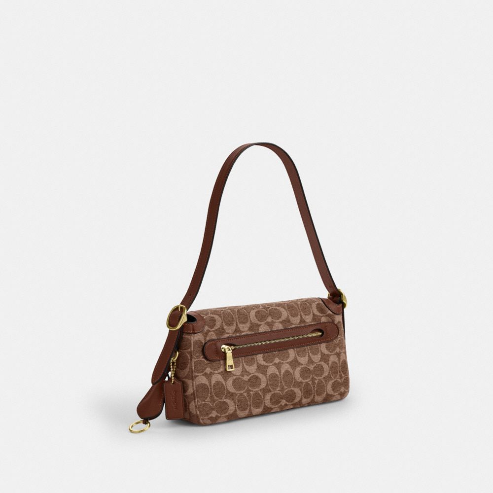 COACH®,Etta Small Flap Shoulder Bag In Signature Chenille,Lining Canvas,Leather,Fabric,Shoulder Bag,Logo,Word Embellishmen...,Brown,Angle View