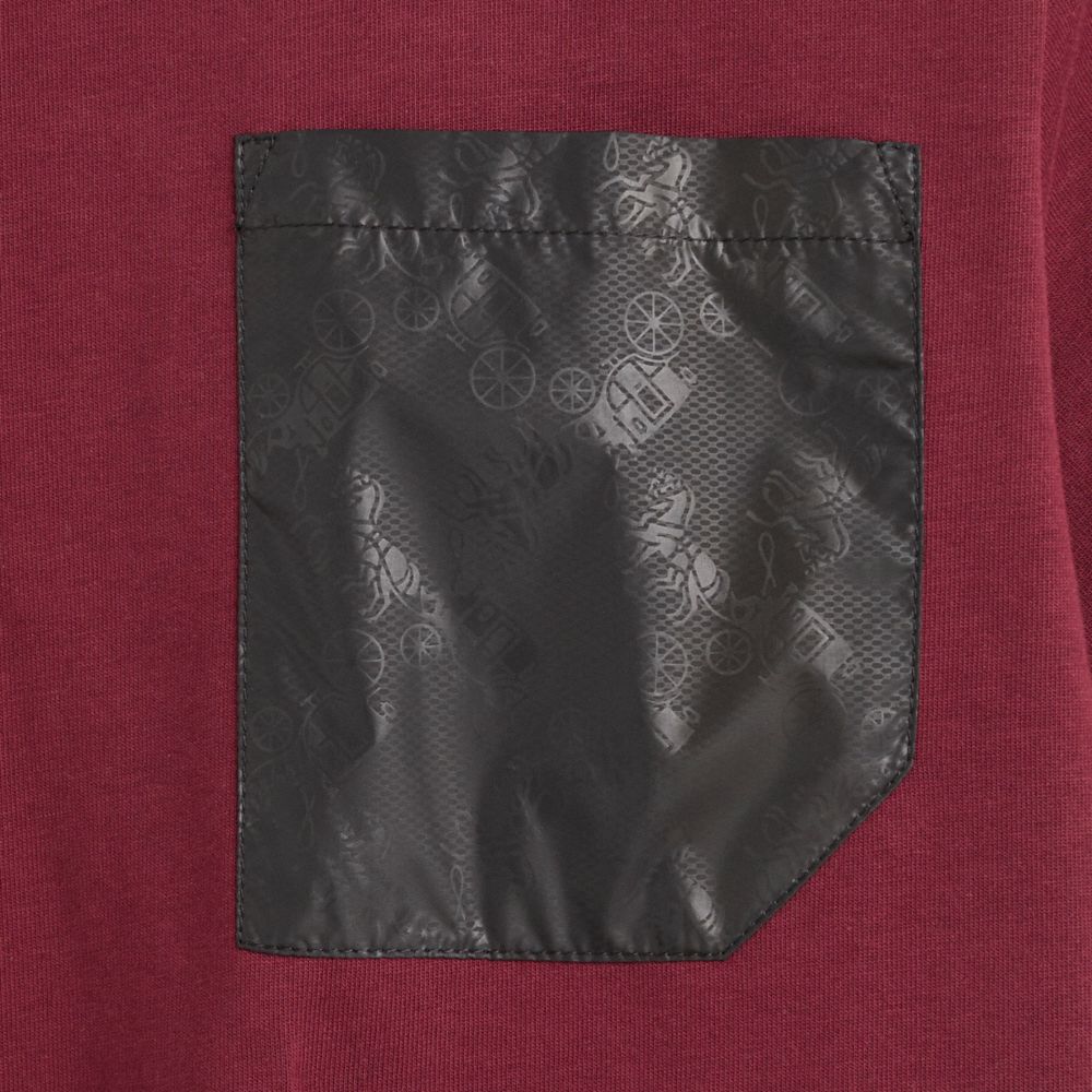COACH®,Restored Horse And Carriage Pocket T Shirt,Polyester,Cotton,T Shirt,Stripes,Drawstring,Color Block,Eco-Friendly,Casual,Maroon,Scale View