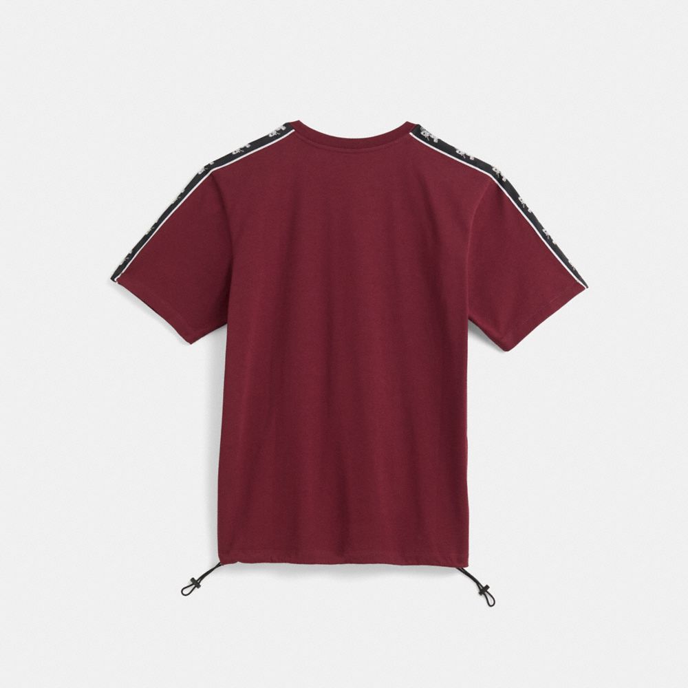 COACH®,Restored Horse And Carriage Pocket T Shirt,Polyester,Cotton,T Shirt,Stripes,Drawstring,Color Block,Eco-Friendly,Casual,Maroon,Back View