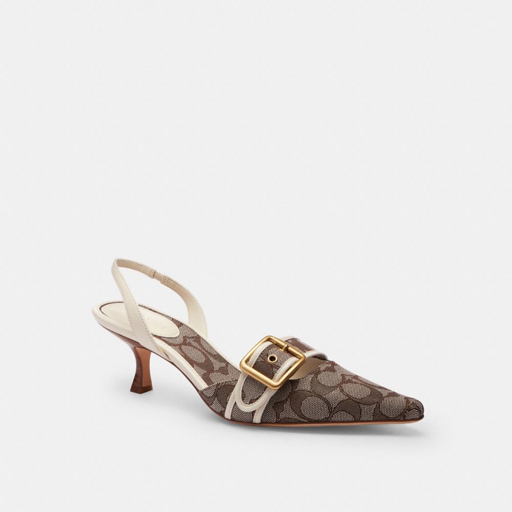 COACH®,Margot Slingback In Signature Jacquard,Leather,Lining Leather,Recycled Cotton,Cotton,Polyester,Recycled Polyester,L...,Brown,Front View