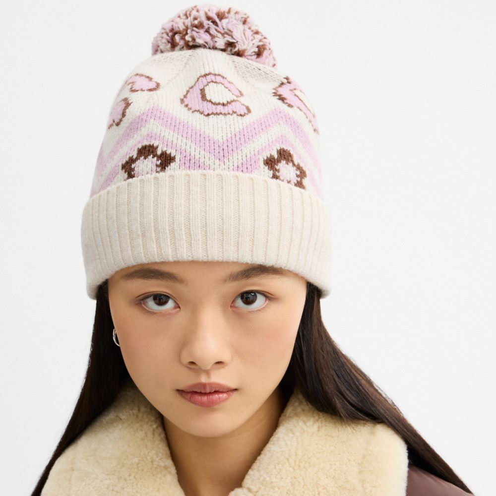 COACH®,Fair Isle Print Knit Beanie,Multi Color,Detail View
