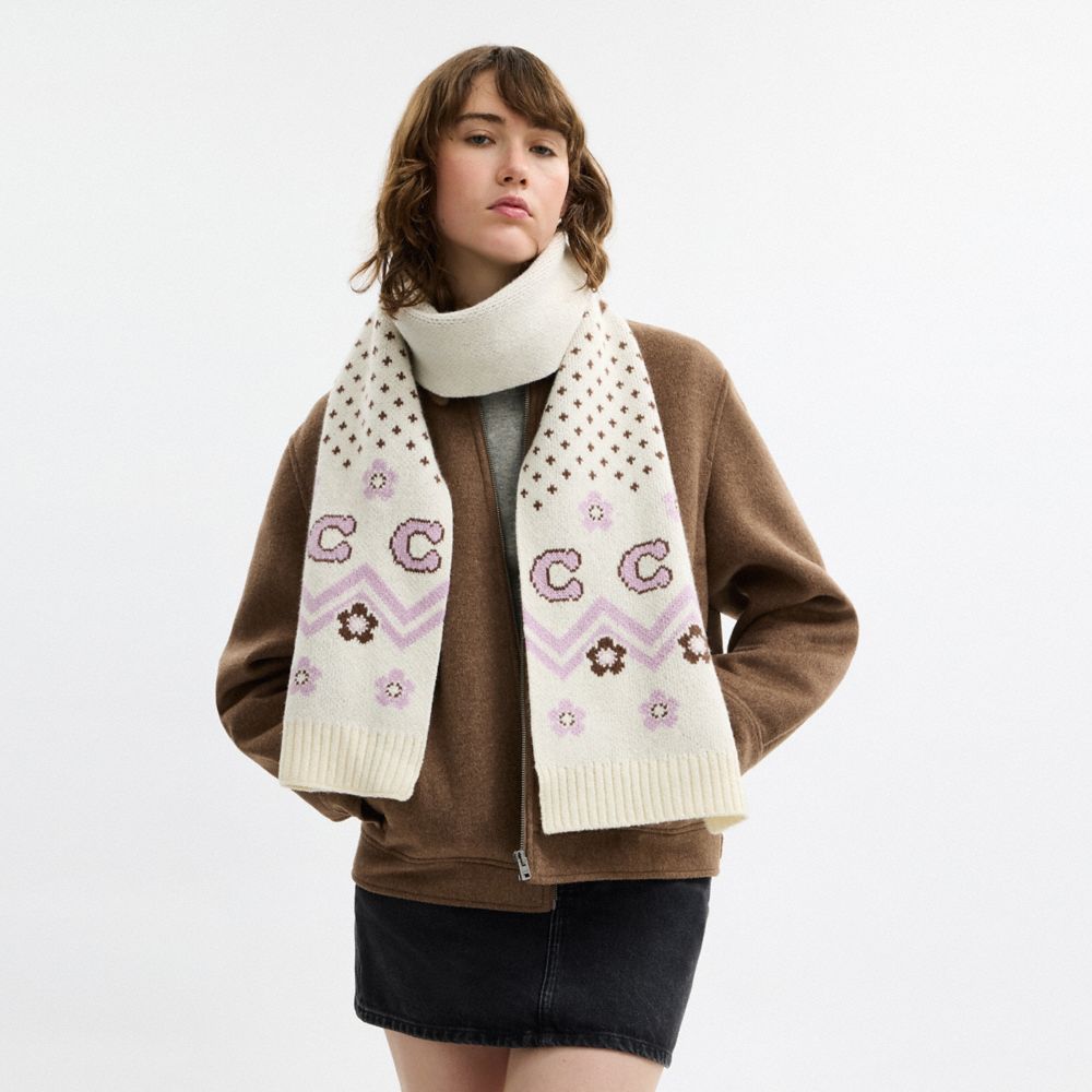 COACH®,Fair Isle Print Knit Muffler,Cream,Detail View