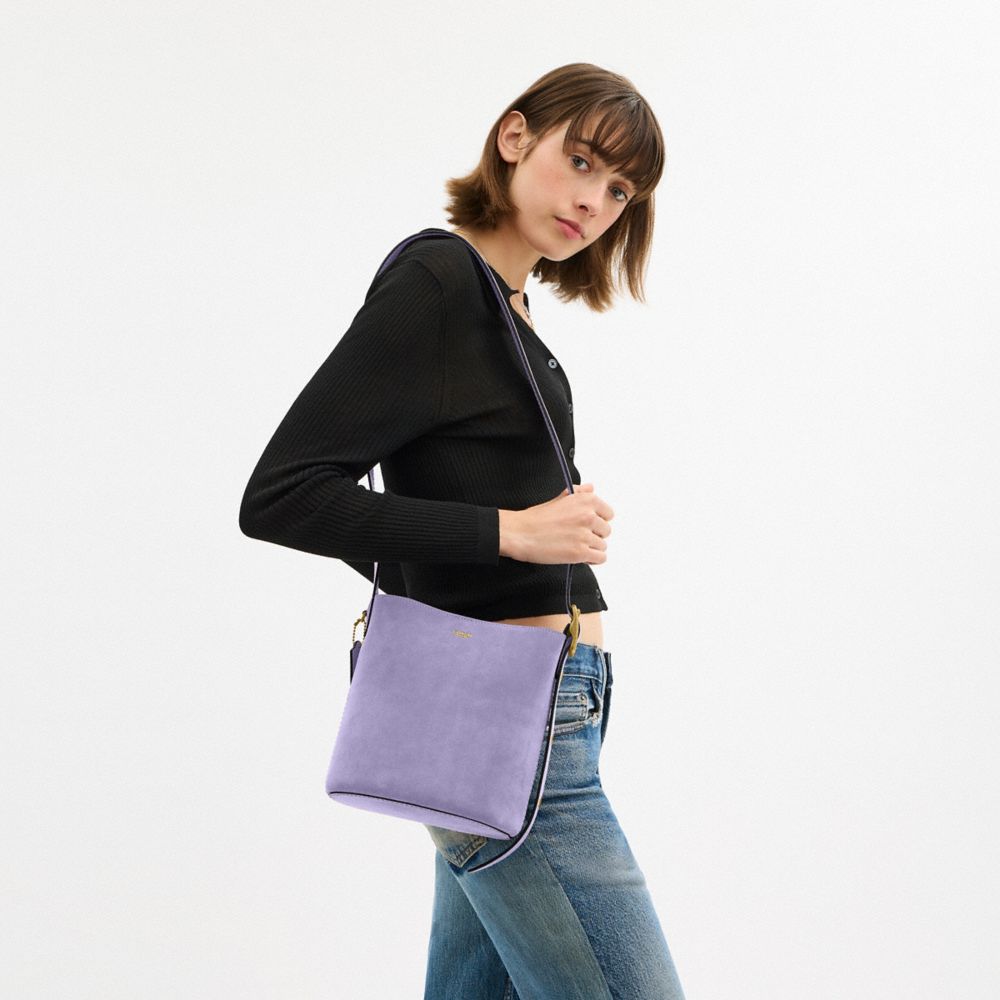 COACH®,Bleecker Bucket Bag 21,Suede,Bucket,Adjustable,Compact,Brass,Casual,Lavender,Detail View