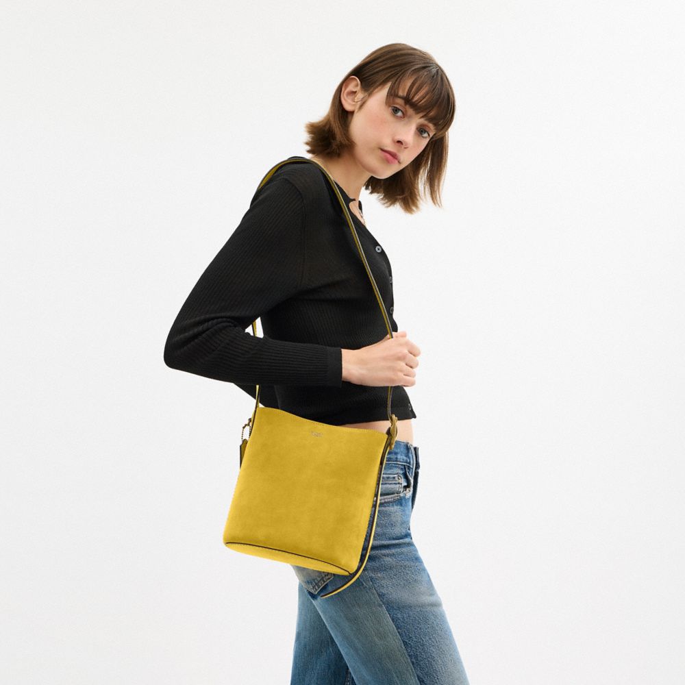 COACH®,Bleecker Bucket Bag 21,Suede,Bucket,Compact,Adjustable,Brass,Casual,Mustard
