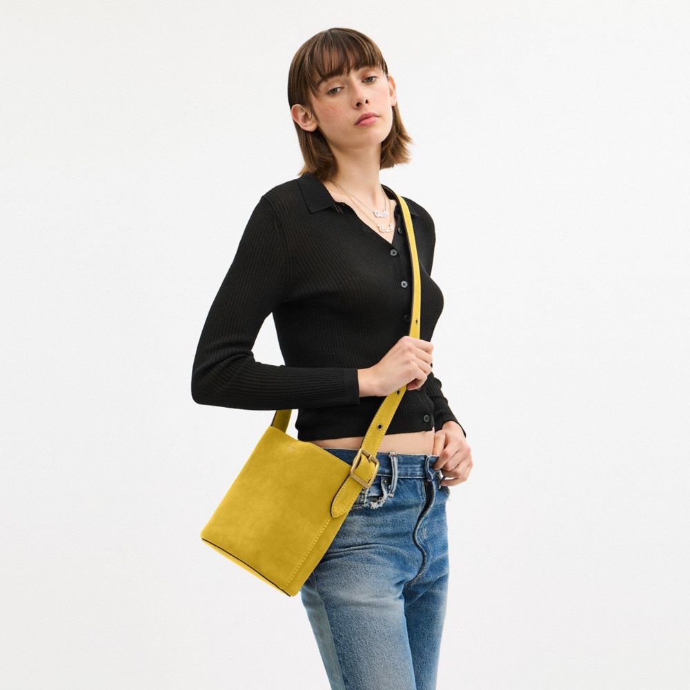 COACH®,Bleecker Bucket Bag 21,Suede,Bucket,Compact,Adjustable,Brass,Casual,Mustard,Detail View