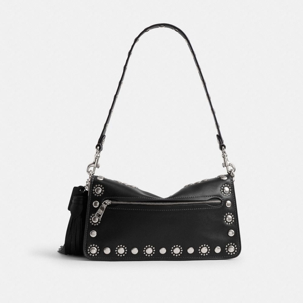 COACH®,Tabby Shoulder Bag 26 With Western Rivets,Leather,Hobo,Metal,Logo,Studded,Fringe,Embellished,Compact,Silver Metal,D...,Black,Back View