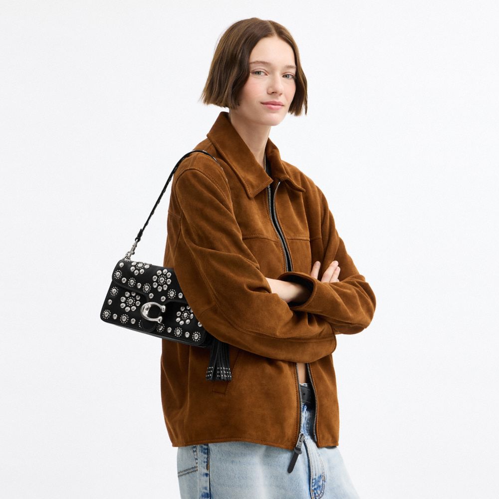 COACH®,Tabby Shoulder Bag 26 With Western Rivets,Leather,Hobo,Metal,Logo,Studded,Fringe,Embellished,Compact,Silver Metal,D...,Black,Detail View