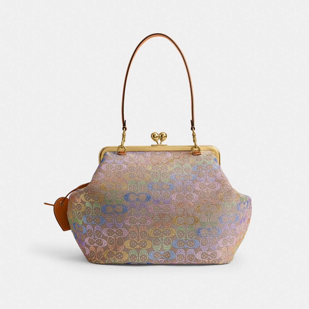COACH®,Large Kisslock Frame Bag In Crystal Signature Jacquard,Leather,Recycled Polyester,Cotton,Shoulder Bag,Crystal,Embel...,Multi Color,Back View