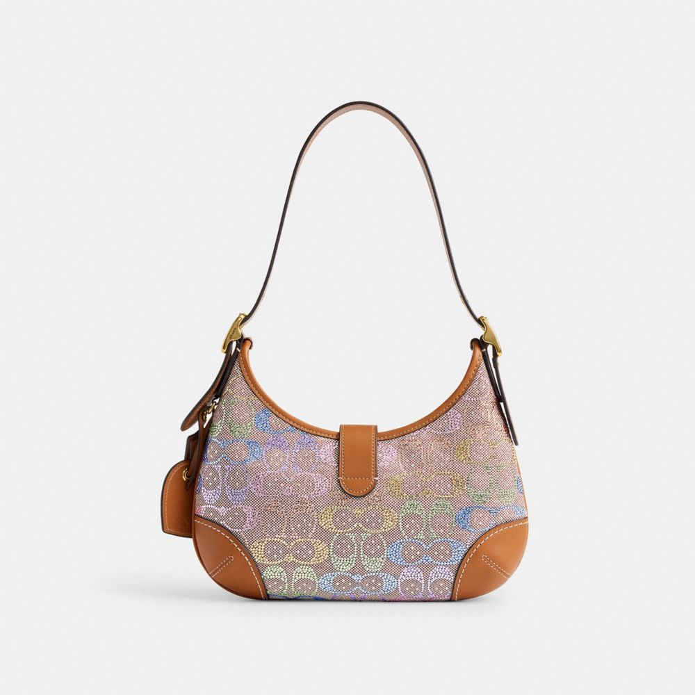 COACH®,Hamptons Hobo Bag In Crystal Signature Jacquard,Recycled Polyester,Cotton,Leather,Shoulder Bag,Gem Embellishment,Em...,Brown,Back View