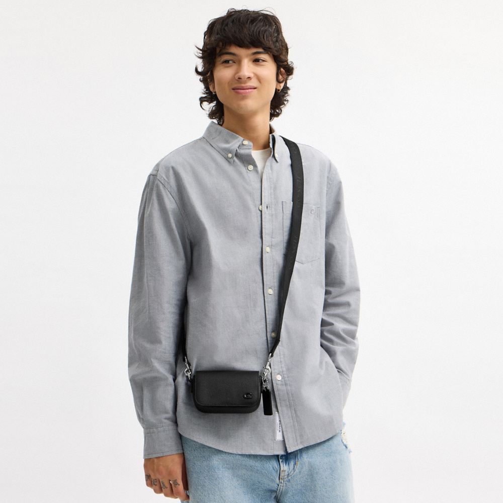 COACH®,Flap Crossbody Bag,Leather,Crossbody,Metal,Logo,Compact,Casual,Black,Detail View