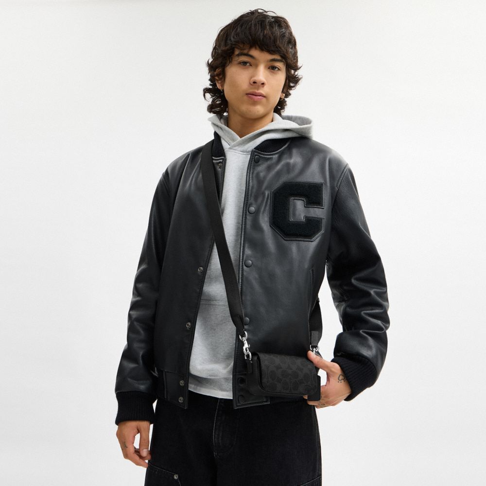 COACH®,Flap Crossbody Bag In Signature Canvas,Leather,Canvas,Crossbody,Logo,Compact,Casual,Gray,Detail View