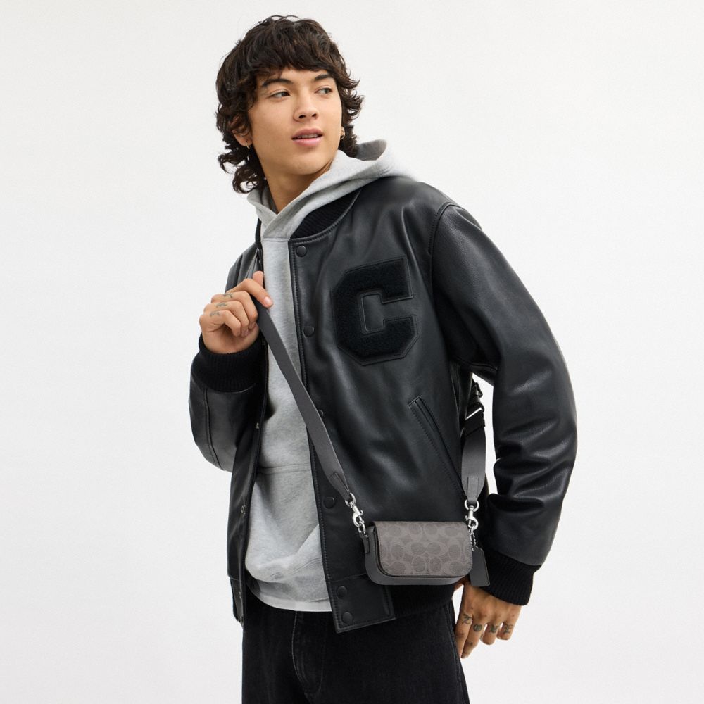 COACH®,Flap Crossbody Bag In Signature Canvas,Leather,Canvas,Crossbody,Logo,Compact,Casual,Gray,Detail View