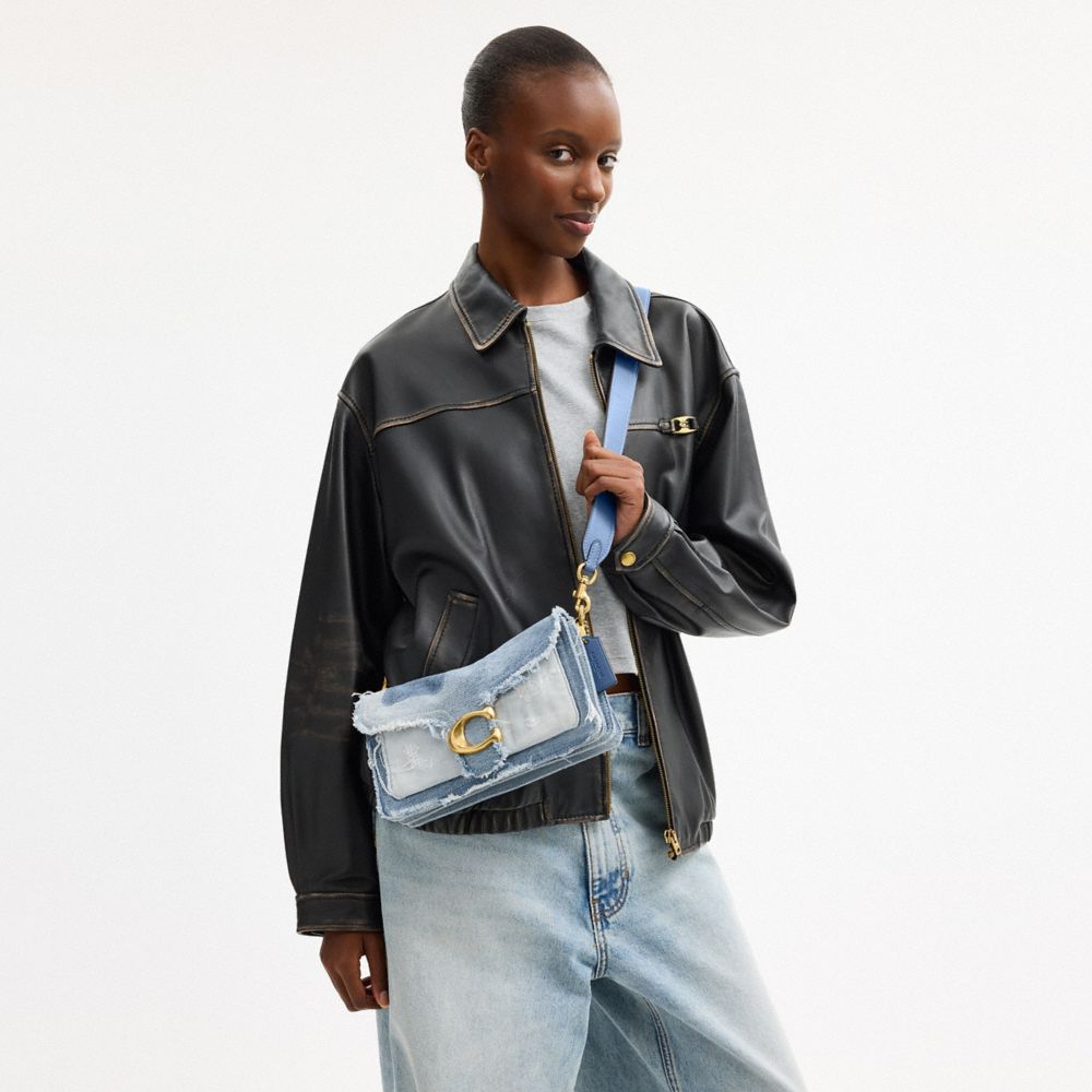 COACH®,Tabby Shoulder Bag 26 With Repurposed Denim Patchwork,Leather,Denim,Cotton,Shoulder Bag,Color Block,Logo,Metal,Fray...,Multi Color