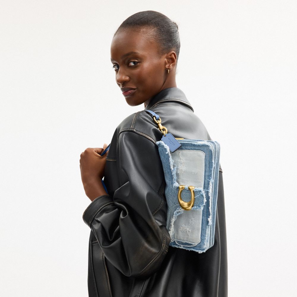 COACH®,Tabby Shoulder Bag 26 With Repurposed Denim Patchwork,Leather,Denim,Cotton,Shoulder Bag,Color Block,Logo,Metal,Fray...,Multi Color,Detail View