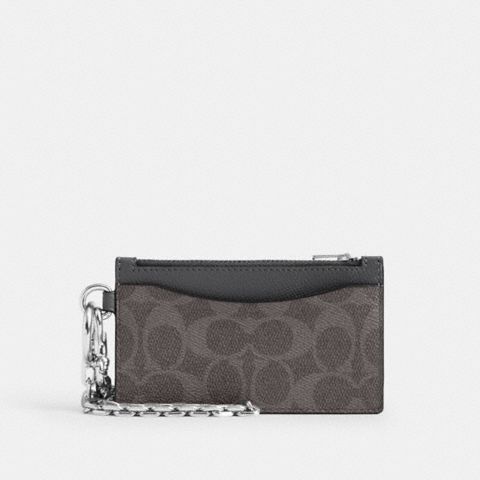 Coach Zip Card Case With Chain In Signature Canvas
