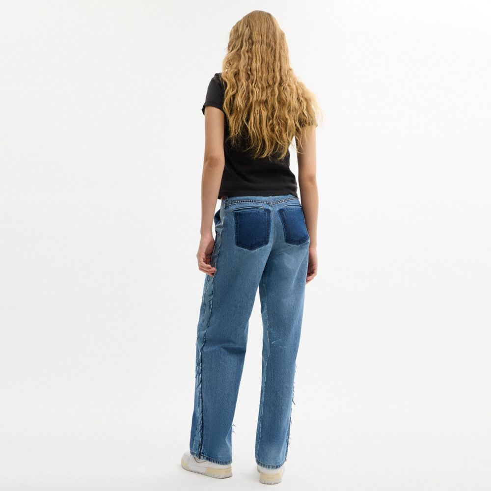 COACH®,Repurposed Jeans,Cotton,Denim,Straight,Wide Leg,Frayed,Patchwork,Ripped,Whiskering,Casual,,Scale View